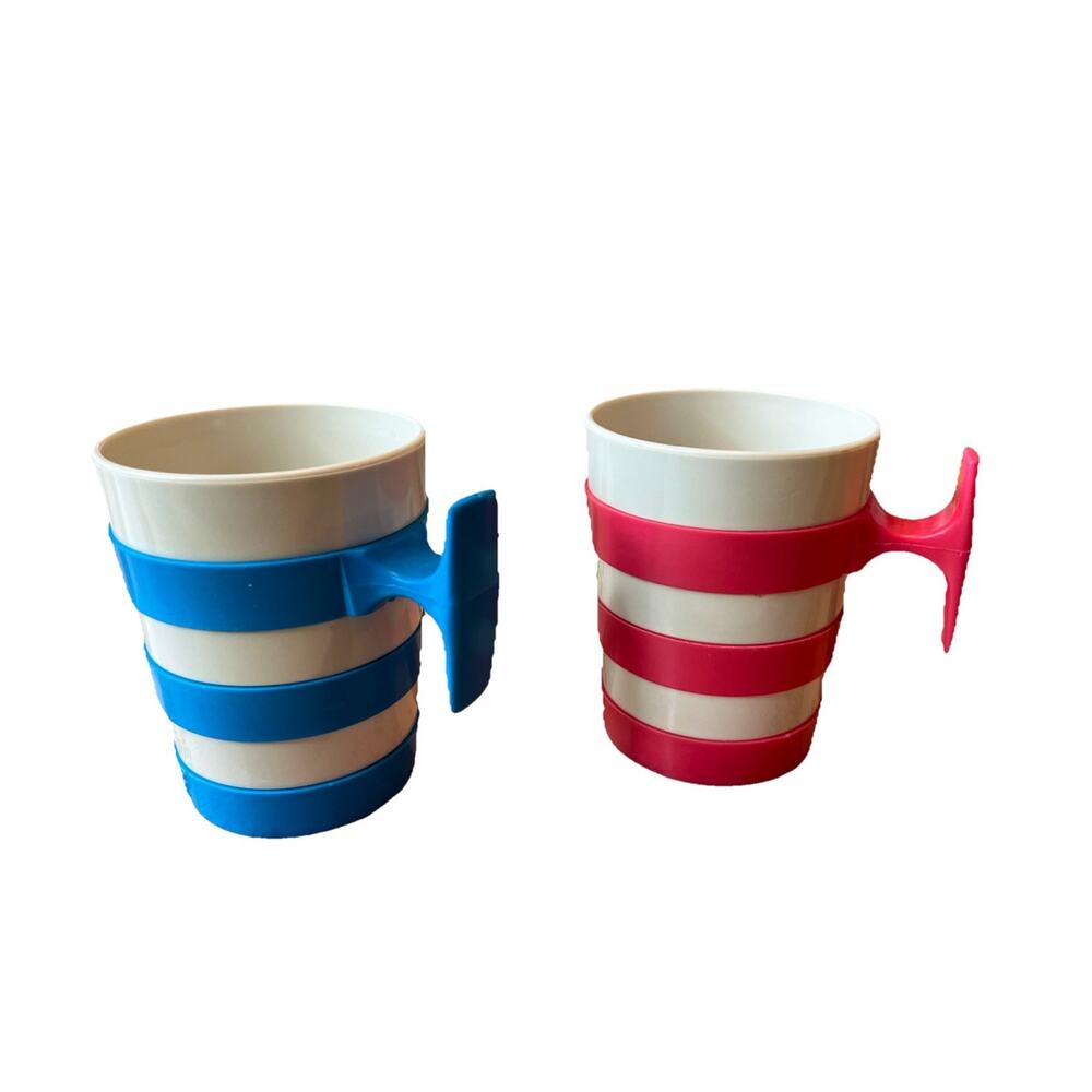 Vintage 1970s DEKA Set Of 2 Striped Mug Cups Pink Blue Handles Retro MCM Plastic